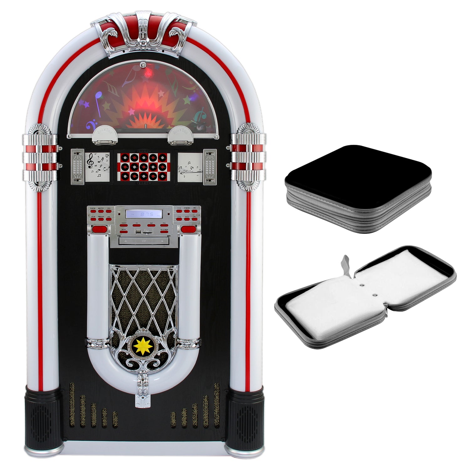 Retro Jukebox Skivspelare för CD och Vinyl med CD-fodral för 40 skivor