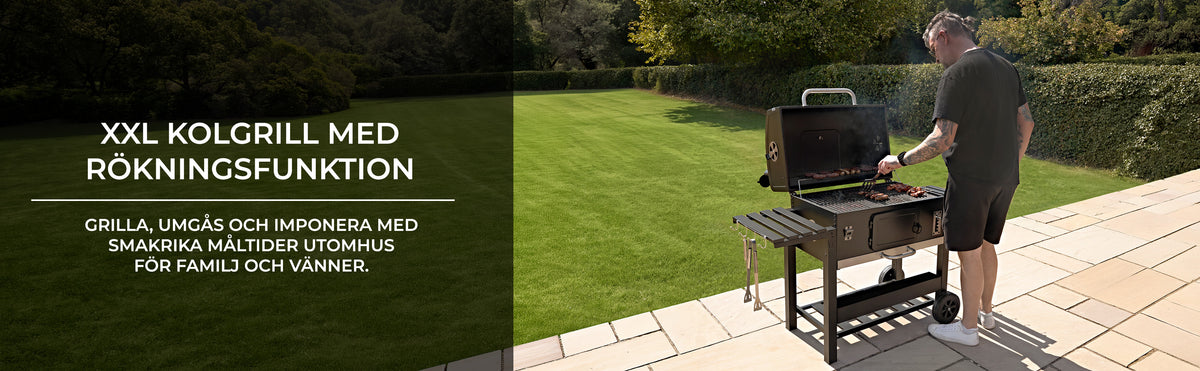 XXL kolgrill med rökfunktion, svart metall, stor grillyta, perfekt för utomhusmatlagning med familj och vänner på grön gräsmatta