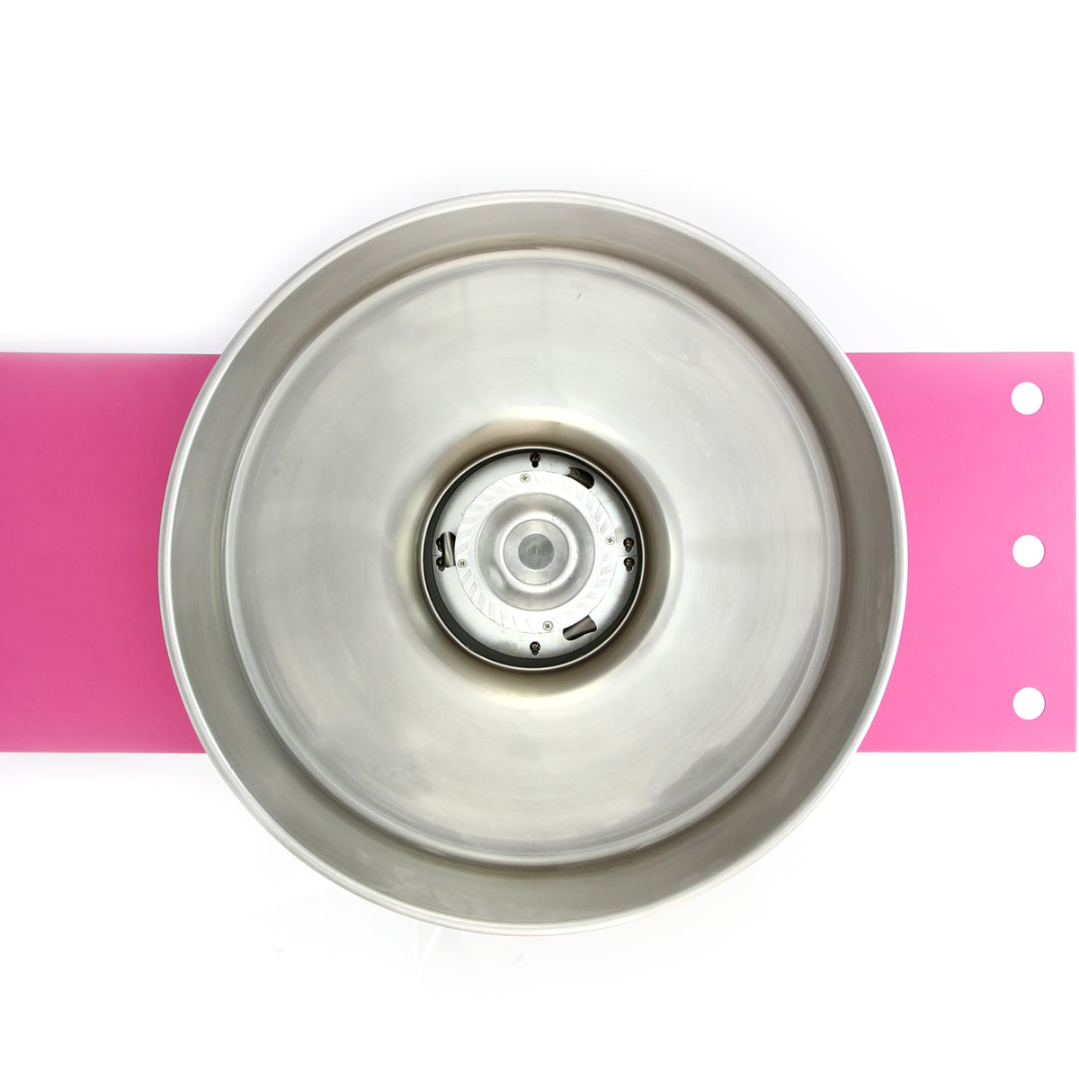 Rund, glänsande metallskål med en slät yta, placerad på en rosa bakgrund, perfekt för matlagning eller servering