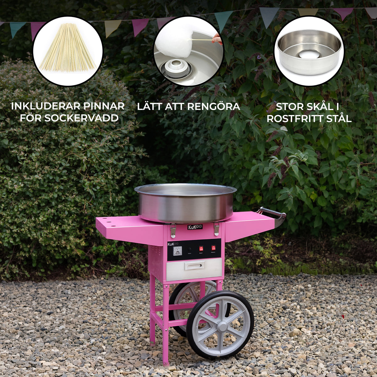 Rosa sockervaddsapparat med rostfri skål, stora hjul och rengöringsvänlig design, perfekt för fest och evenemang
