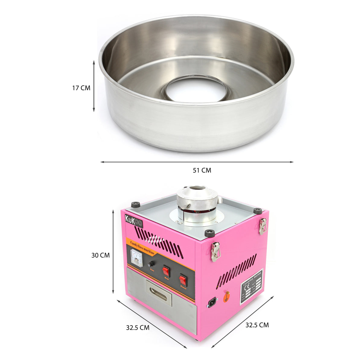 Rund, rostfri skål med en diameter på 51 cm och en höjd på 17 cm, tillsammans med en rosa sockervaddsmaskin i metall med knappar och kontroller