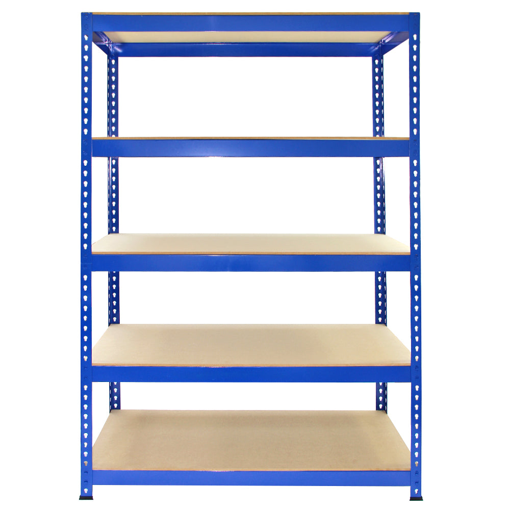 2 x T-RAX hyllenheter i blå metall 75 cm x 150 cm x 30 cm med gratis ihopkopplingsfästen