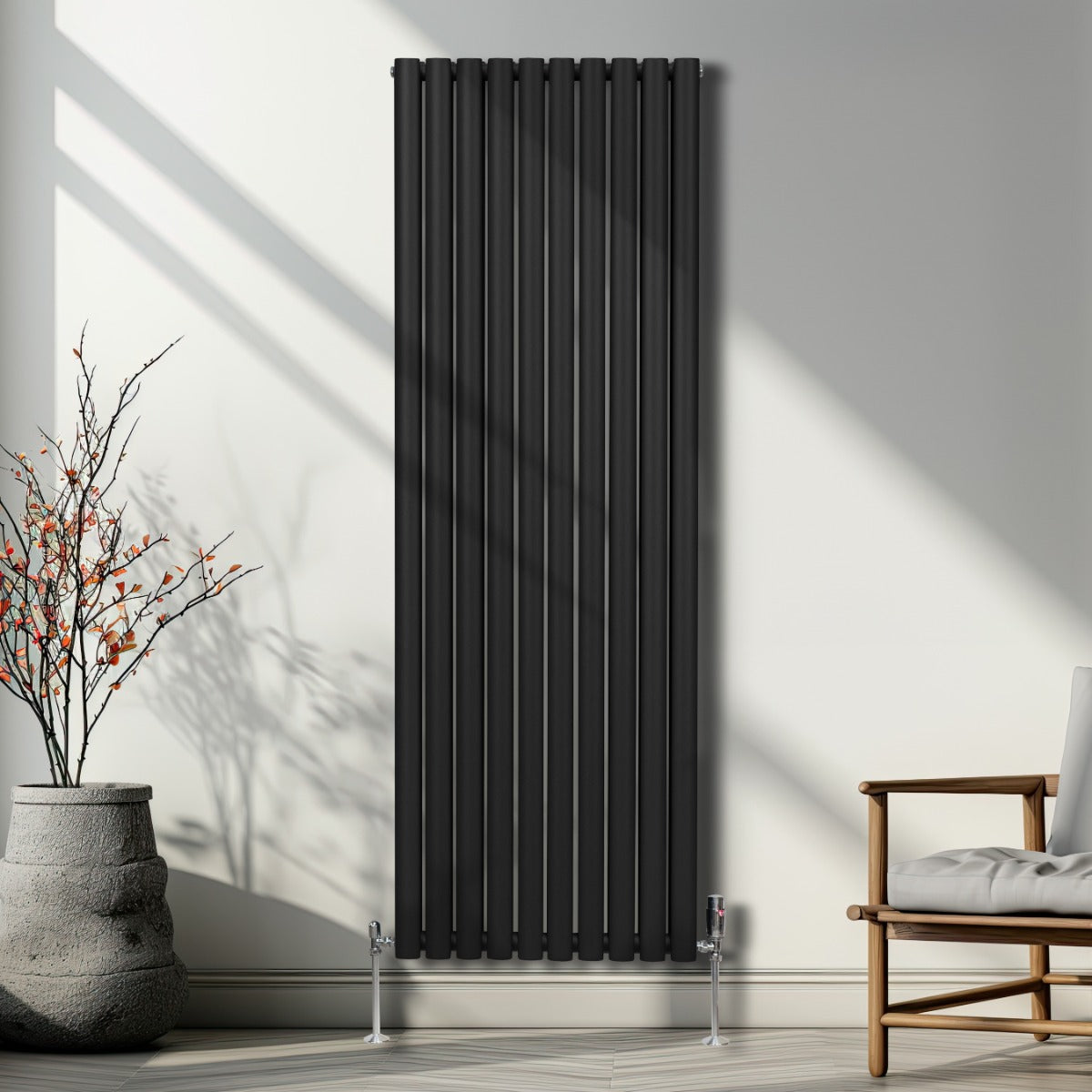 Radiatorer med Ovala Kolumner & Kromventiler - 1800mm x 600mm – Svart