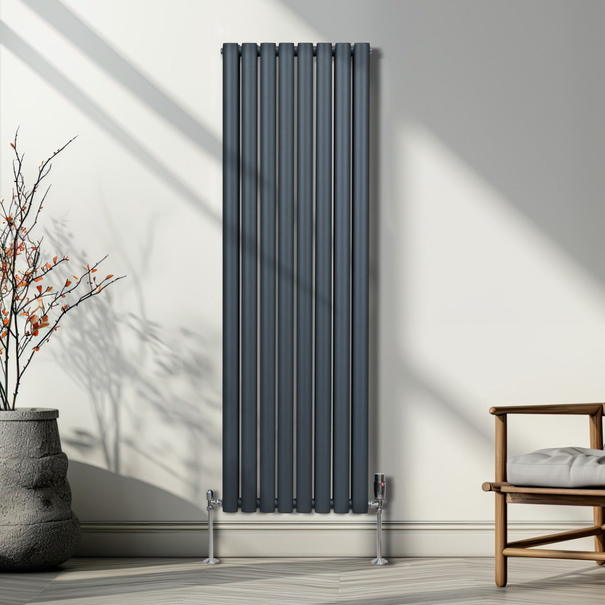 Radiatorer med Ovala Kolumner & Kromventiler - 1600mm x 480mm – Grå