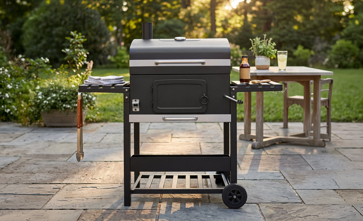 Grill i svart och rostfritt stål med sidobord, placerad på en stenbelagd uteplats omgiven av grönska och trädgårdsmöbler