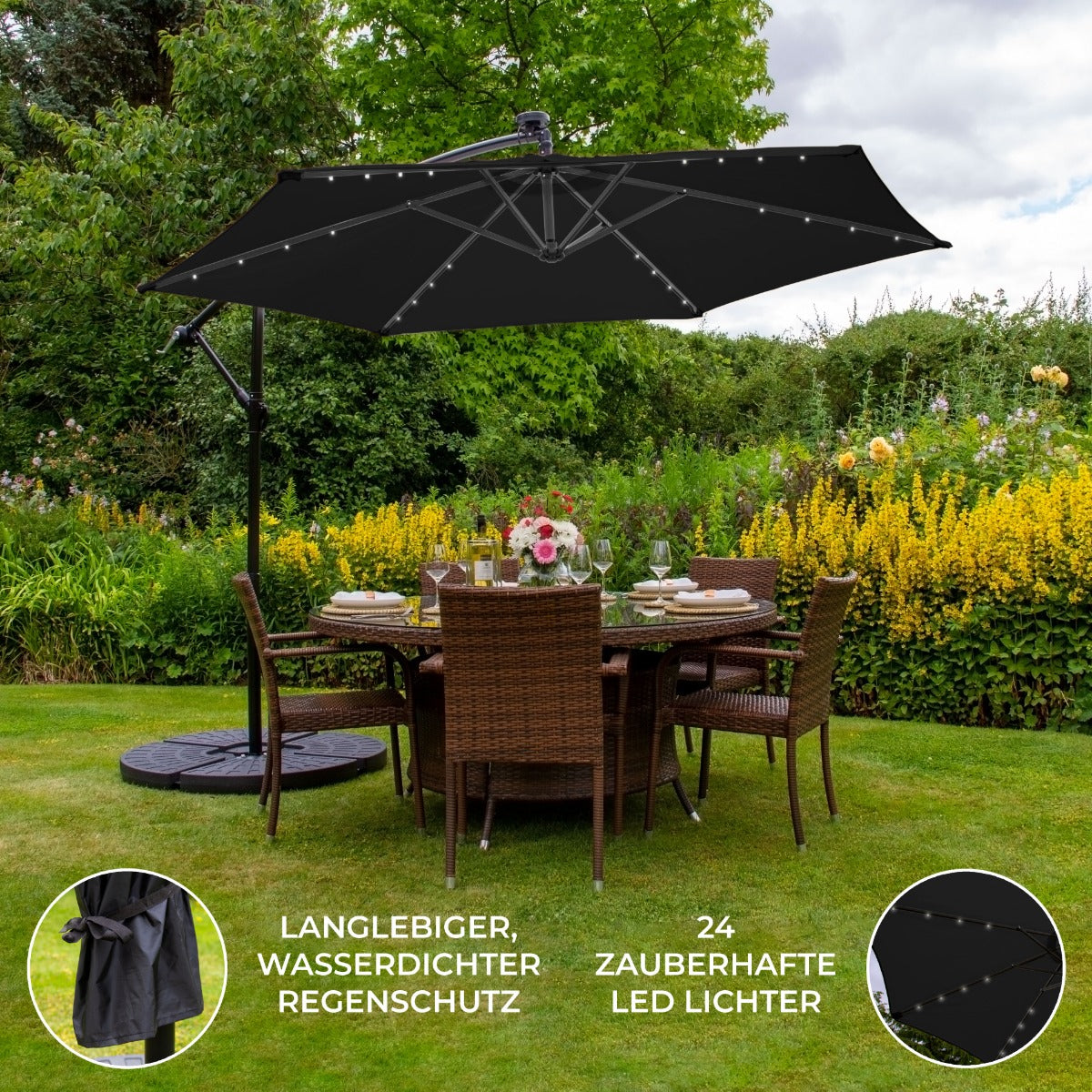 Svart 3m LED Cantilever Parasoll med Solfjäderformad Bas