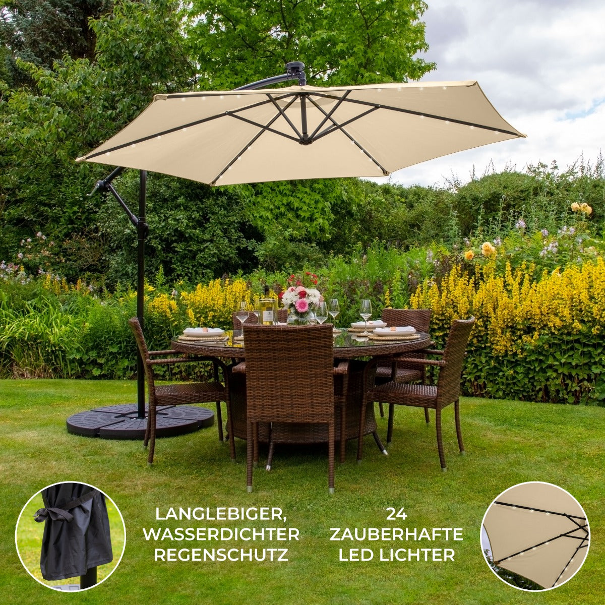 Beige 3m LED Cantilever Parasoll med Solfjäderformad Bas