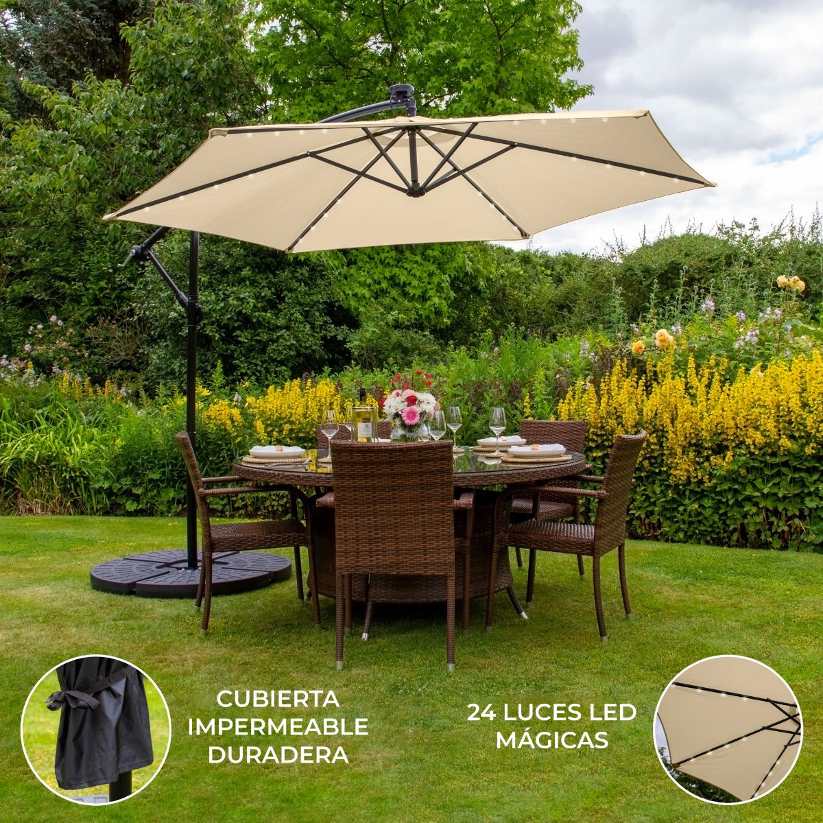 Beige 3m LED Cantilever Parasoll med Solfjäderformad Bas