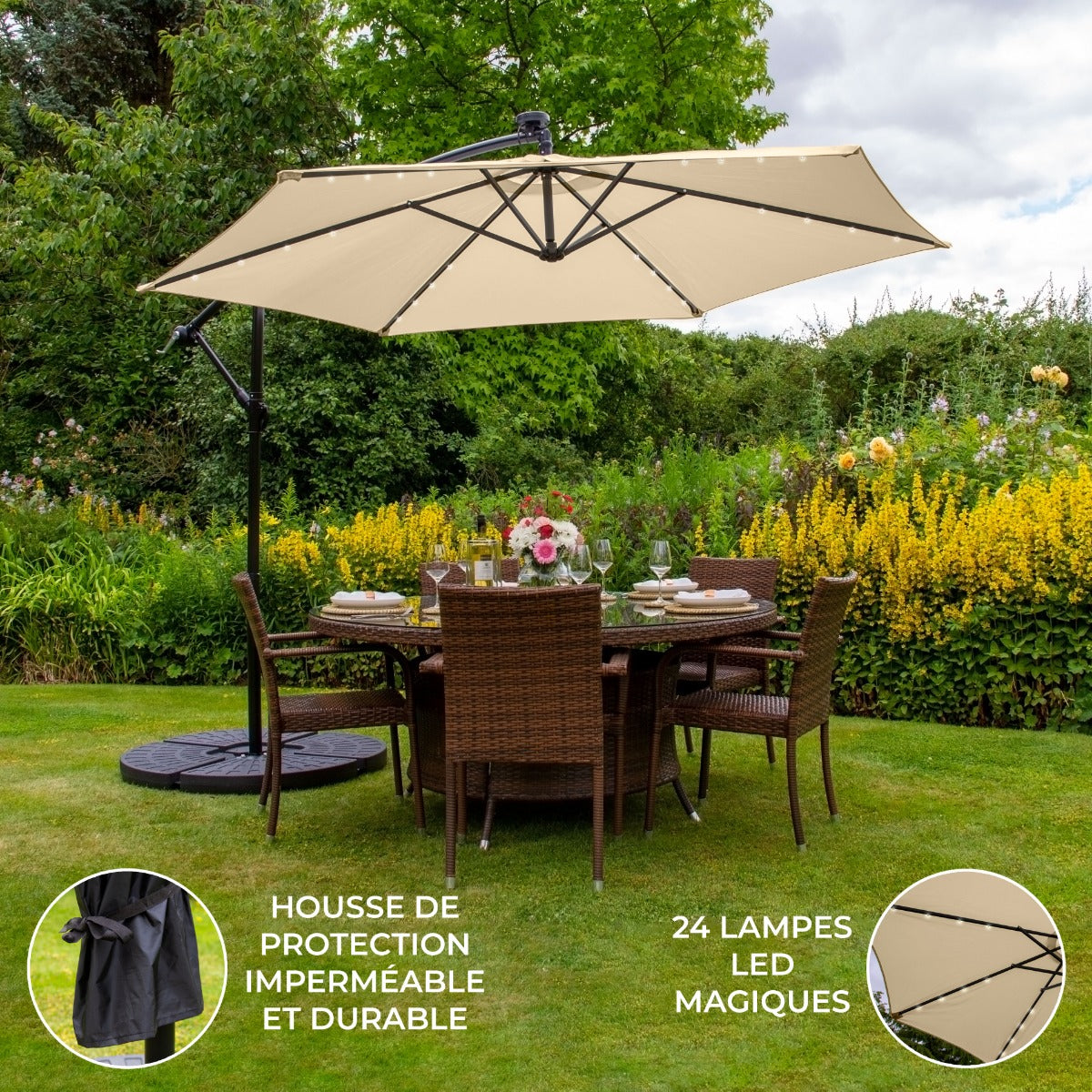Beige 3m LED Cantilever Parasoll med Solfjäderformad Bas