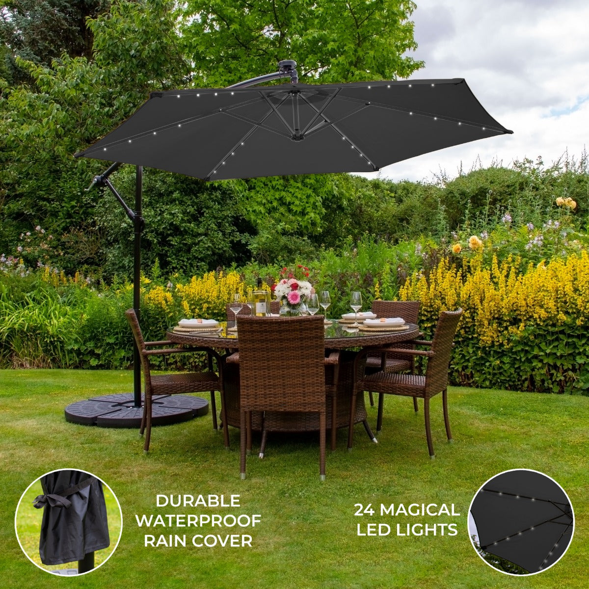Grå 3m LED Cantilever Parasoll med Solfjäderformad Bas