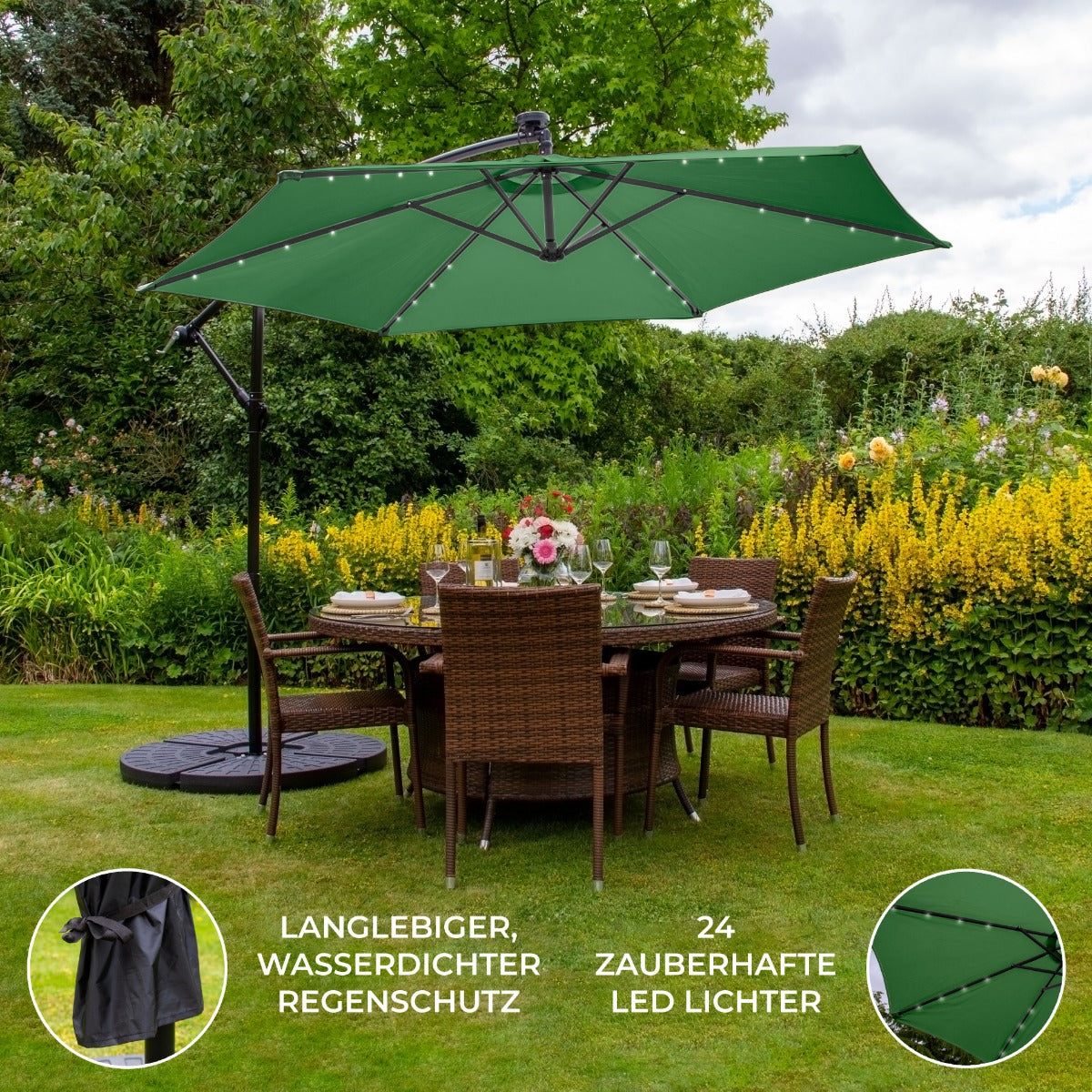 Grön 3m LED Cantilever Parasoll med Solfjäderformad Bas