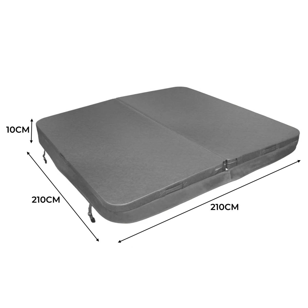 Grått isolerande lock för spabad, mått 210x210 cm, 10 cm tjockt, med slät yta och stabil konstruktion för att behålla värmen