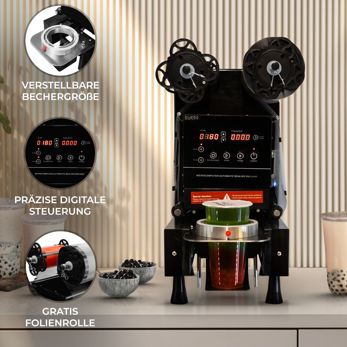Automatisk koppförslutningsmaskin med justerbar storlek, digital kontrollpanel och rullande folierull, elegant design i svart och röd