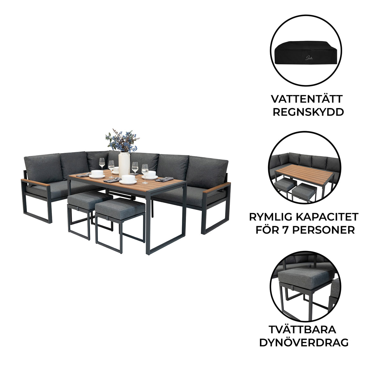 Aluminium Hörnsoffa för utomhusbruk 7-sits - Trä-effekt