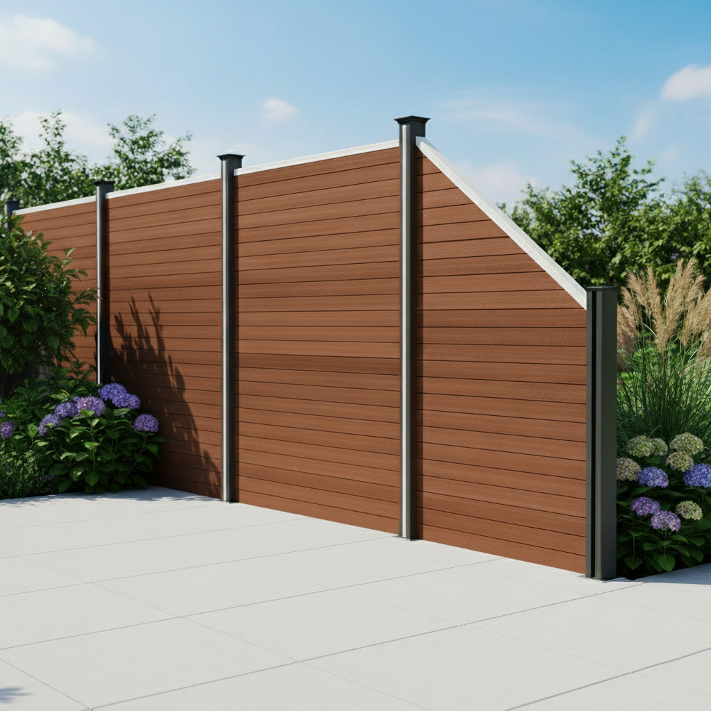 Staket för utomhusbruk i WPC och aluminium – 1x sned panel + 1 stolpar | Brun