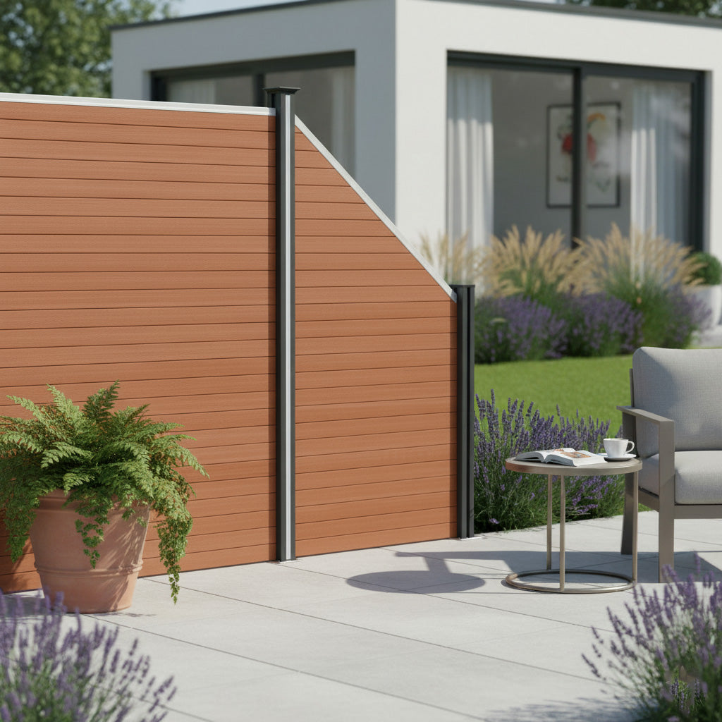 Staket för utomhusbruk i WPC och aluminium – 1x sned panel + 1 stolpar | Brun