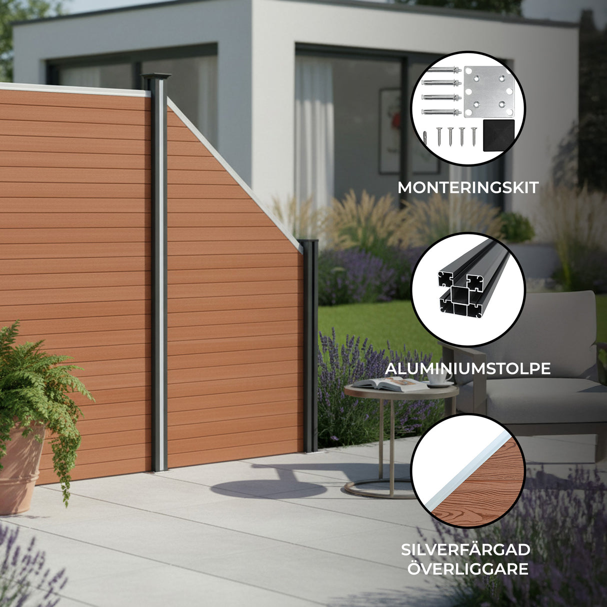 Staket för utomhusbruk i WPC och aluminium – 1x sned panel + 1 stolpar | Brun