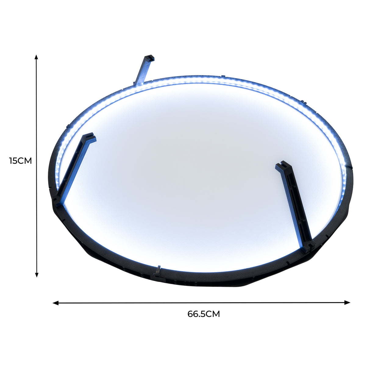 LED-ringlampa för dart med en rund, svart ram och vit belysning, mått 66,5 cm i diameter och 15 cm djup, perfekt för spelbelysning