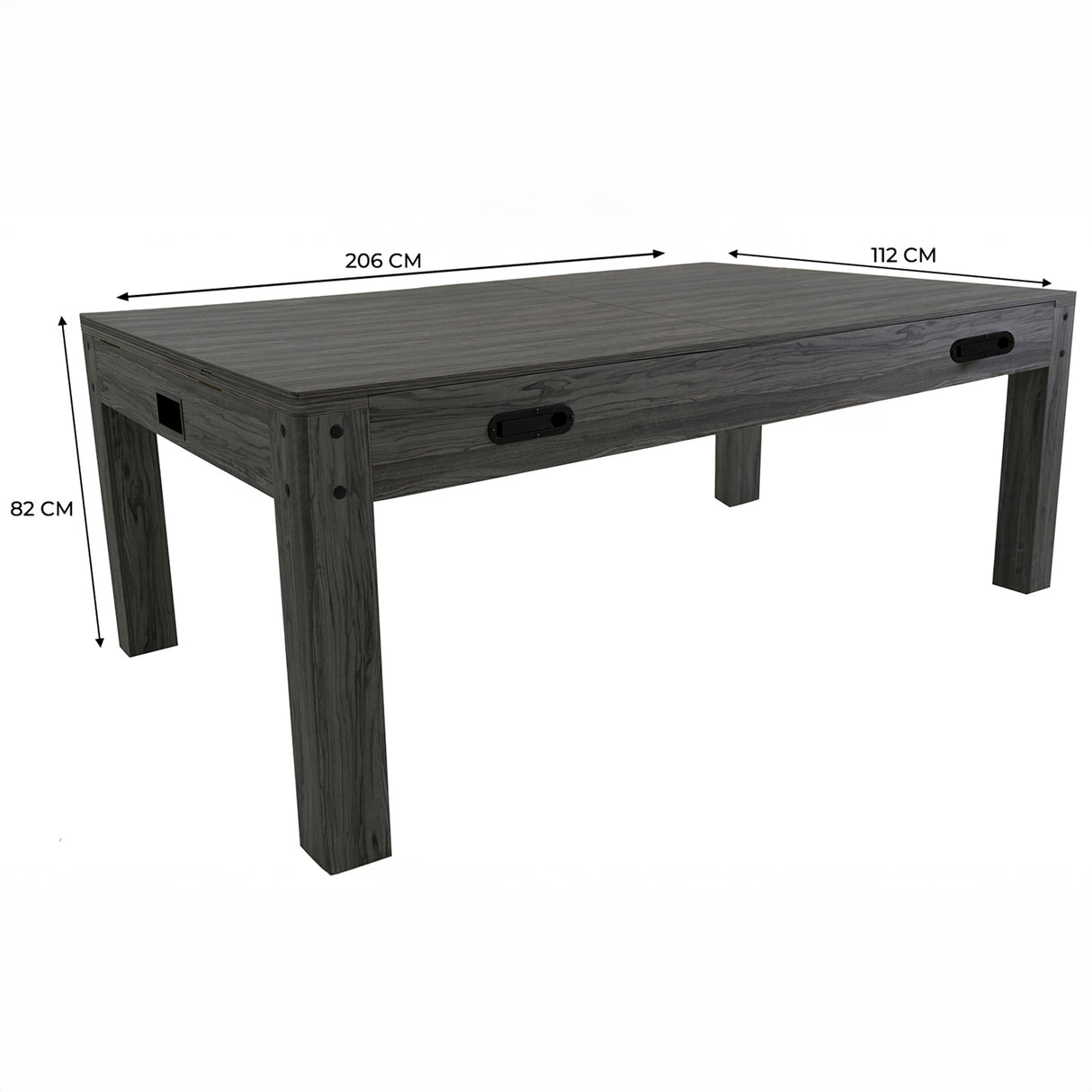 Grått 7-i-1 spelbord med rektangulär form, mått 206x112 cm och 82 cm högt, med släta ytor och robusta ben