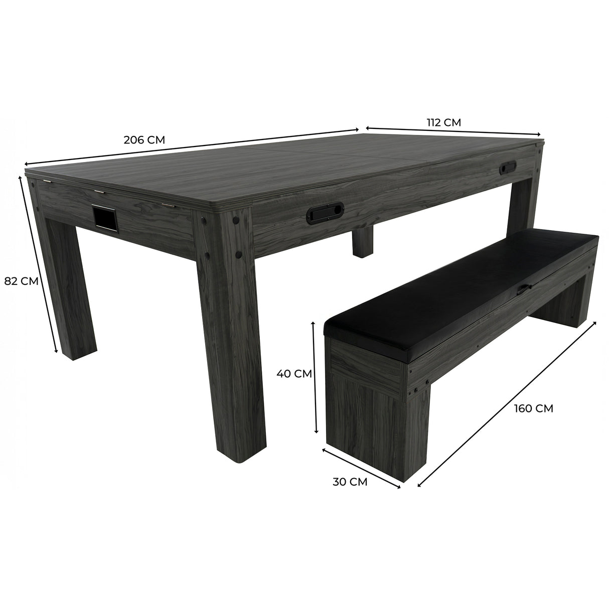 Grått 7-i-1 spelbord med förvaringsbänk, rektangulär form, robust trästruktur och mått 206x112 cm, bänk 160x30 cm
