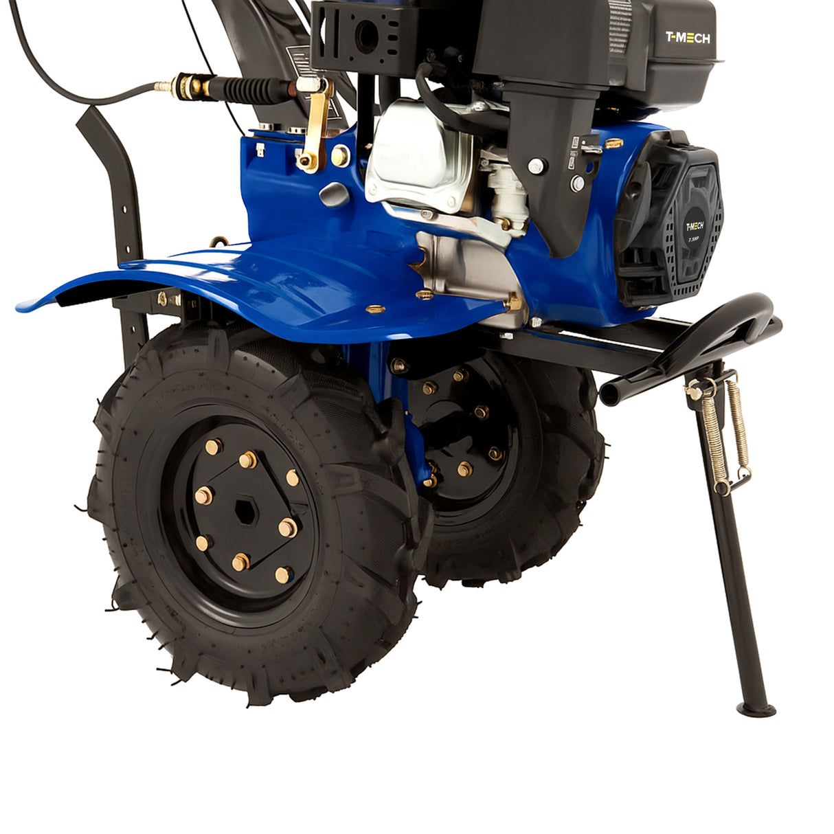 Bensindriven jordfräs med kraftfull motor, blå kropp, robusta gummihjul och stabilt stödben för effektiv jordbearbetning