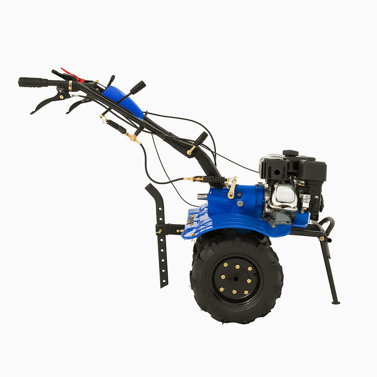 Bensindriven jordfräs med kraftfull motor, blå färg, robust design och stora däck för effektiv jordbearbetning