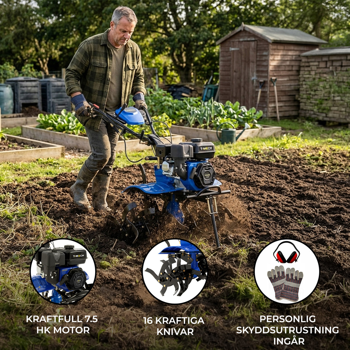 Bensindriven jordfräs med kraftfull 7.5 hk motor, blå färg, robust design och 16 skarpa knivar för effektiv jordbearbetning