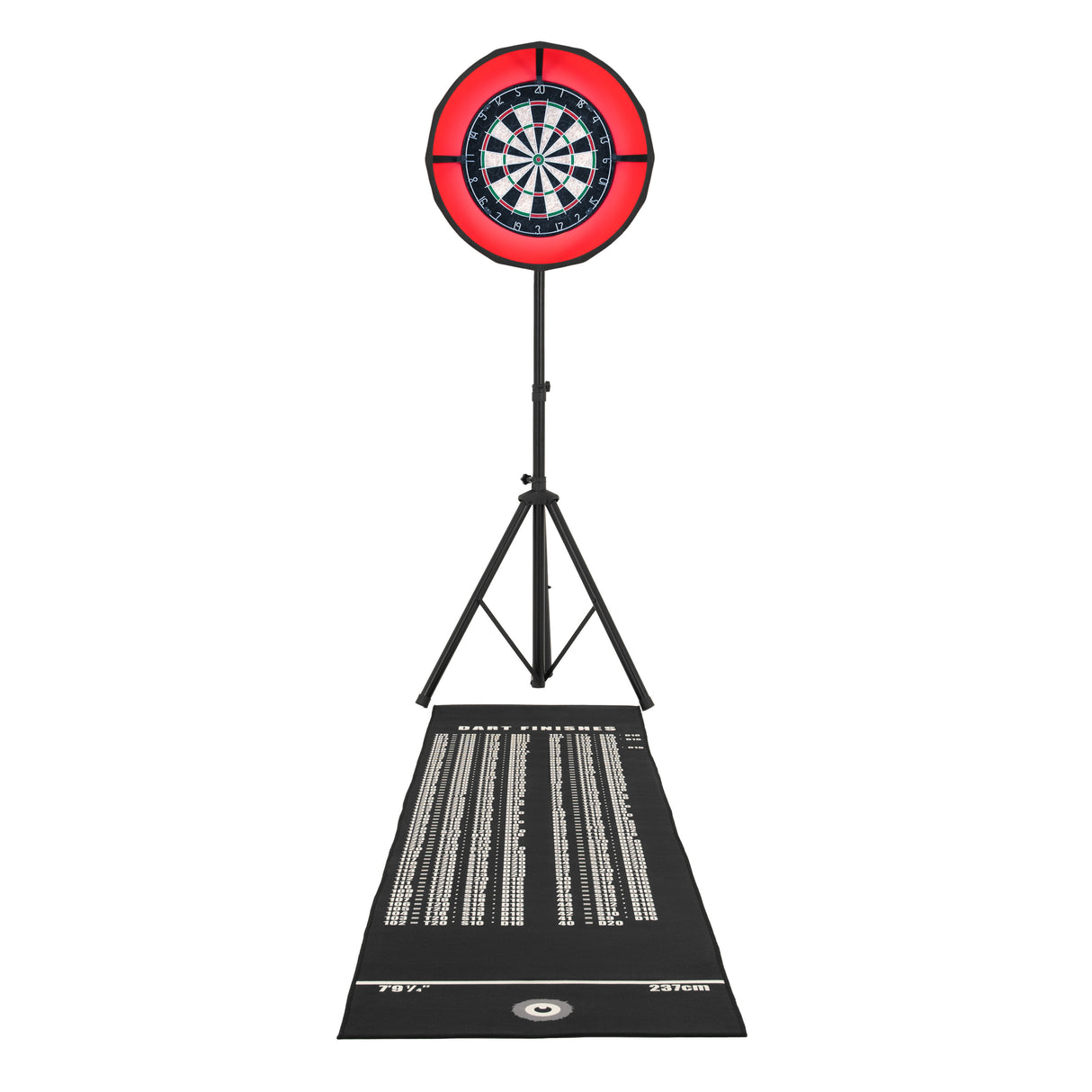 Spelbord i ek med darttavla, röd LED-lampa och svart matta med poängräkning, perfekt för spelkvällar och underhållning