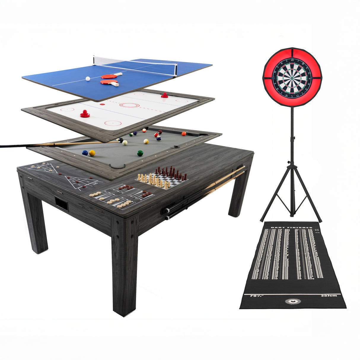 Grått 7-i-1 spelbord med dart, biljard, bordtennis och LED-lampa, i robust trä med släta ytor och modern design