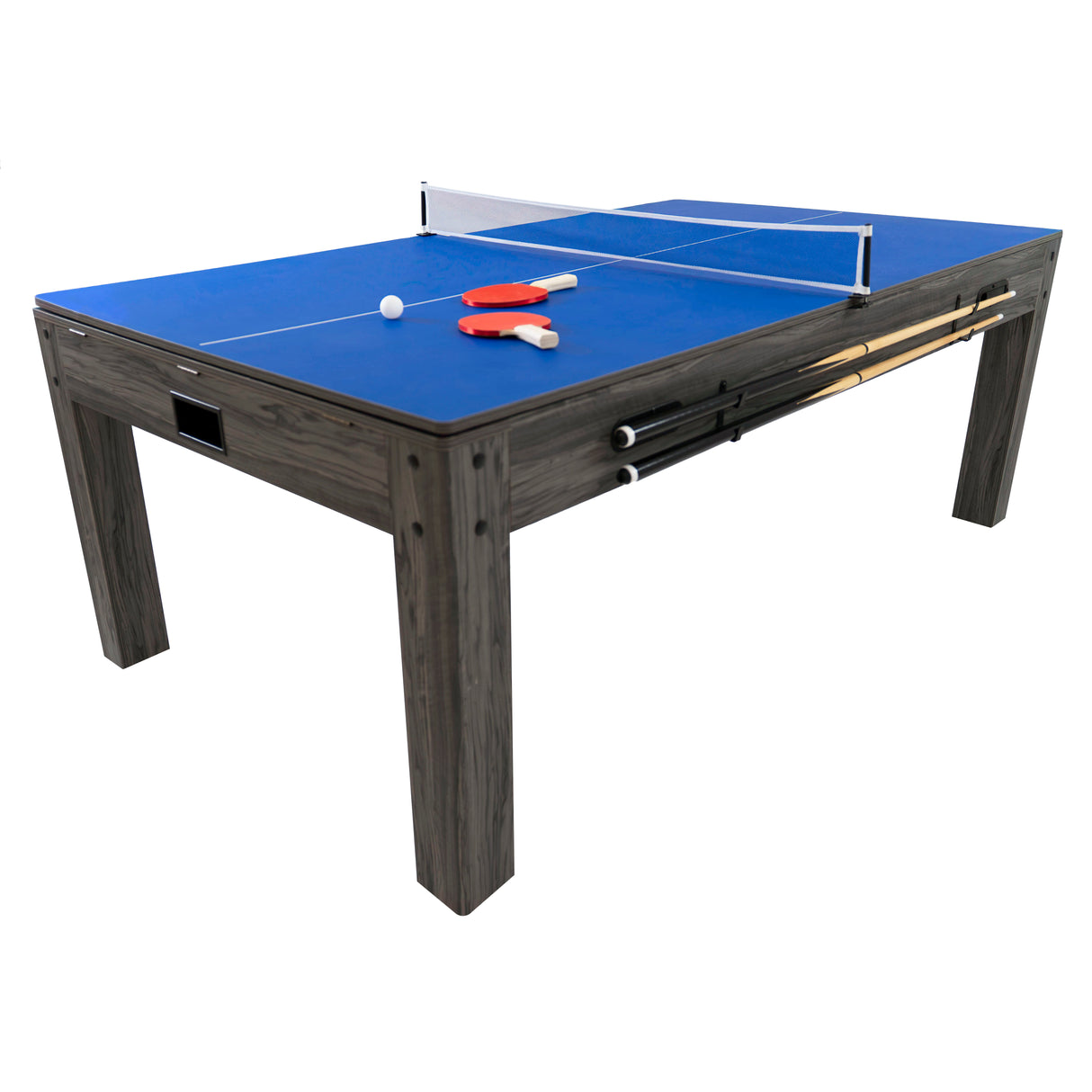 Grått spelbord med blå spelplan, inklusive paddlar, boll och utrymme för förvaring av tillbehör, perfekt för spelkvällar