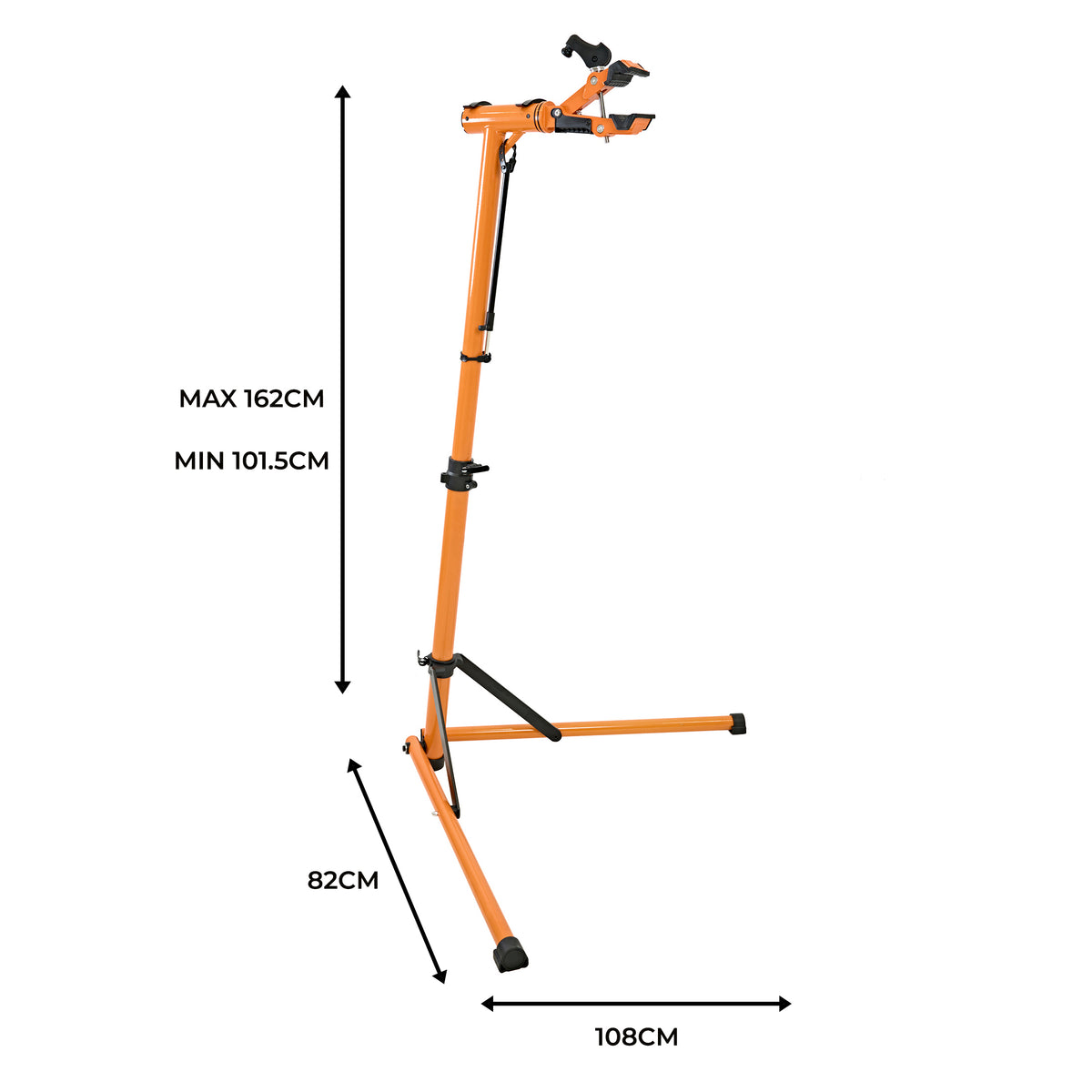 Cykelreparationsställ i orange metall med justerbar höjd, stabila ben och hållare för cykelram, perfekt för reparationer