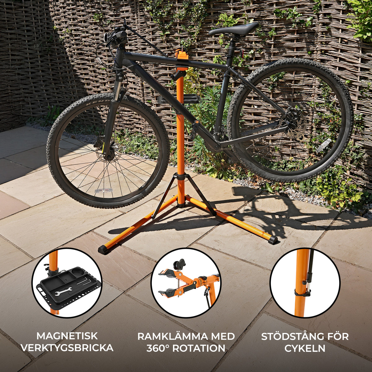 Cykelreparationsställ i orange och svart, med justerbar ramklämma och stabila ben för enkel cykelunderhåll på gården