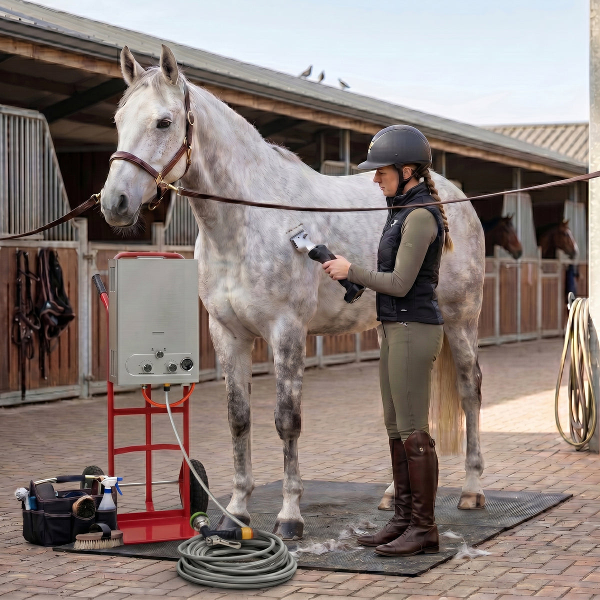 Sladdlös klippmaskin används av en ryttare för att klippa en grå häst i en stallmiljö med tegelgolv och stallboxar i bakgrunden