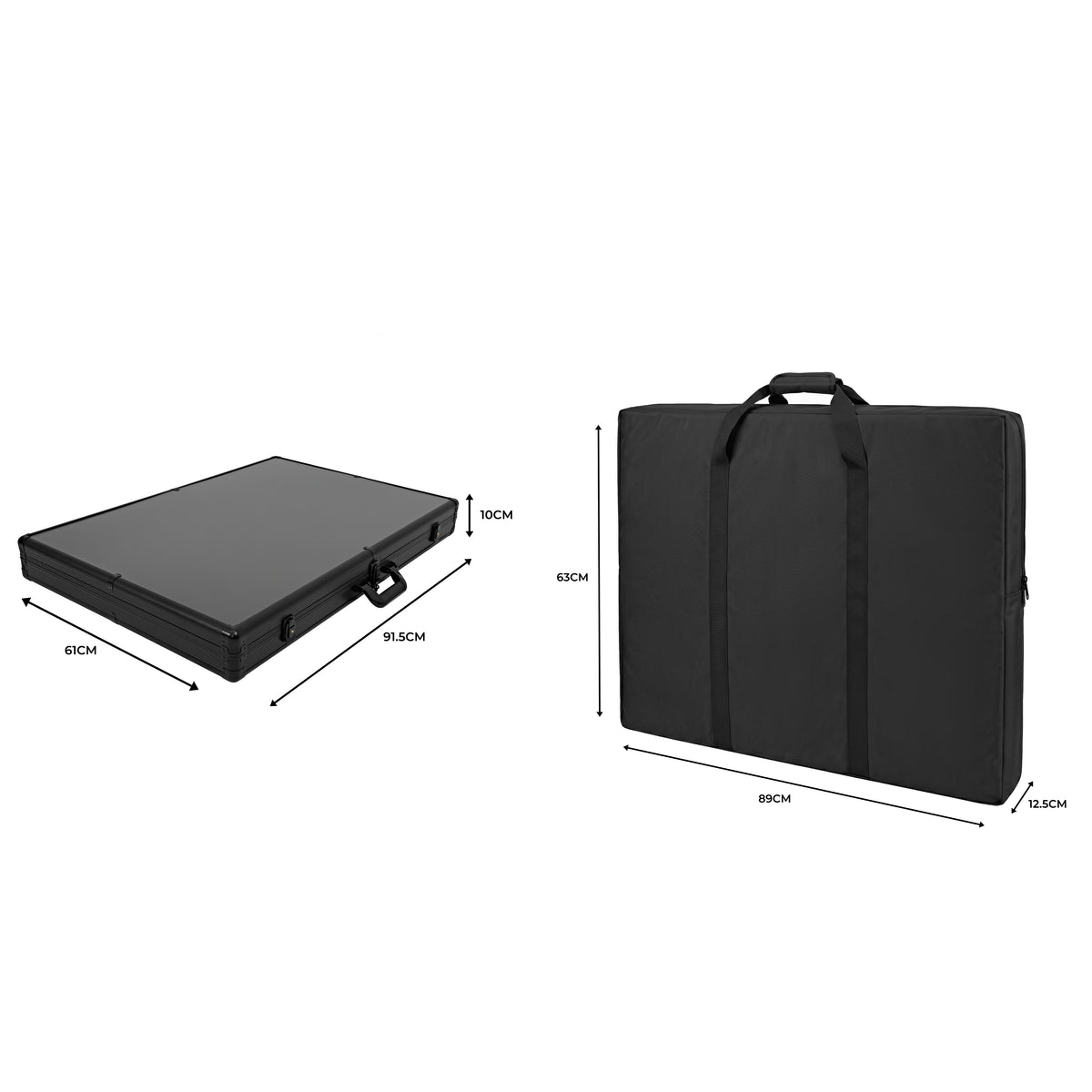 Svart, rektangulär bärväska med två handtag, mått 85x63x7,5 cm, perfekt för att skydda och transportera känsliga föremål