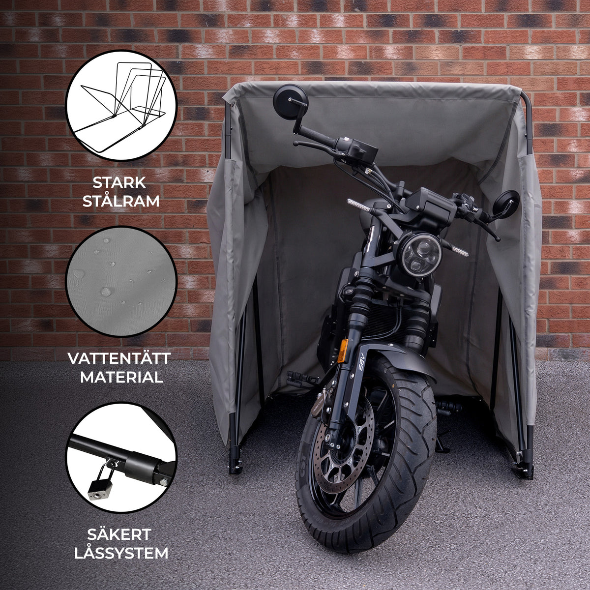 Medelstort grått motorcykelgarage med stark stålram, vattentätt material och säkert låssystem, perfekt för skydd av motorcyklar