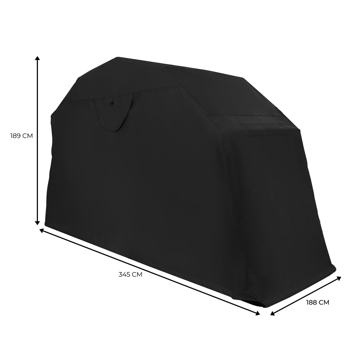 XL motorcykelgarage i svart, vattentåligt material, skyddar motorcykeln med måtten 345 cm längd, 189 cm höjd och 188 cm bredd