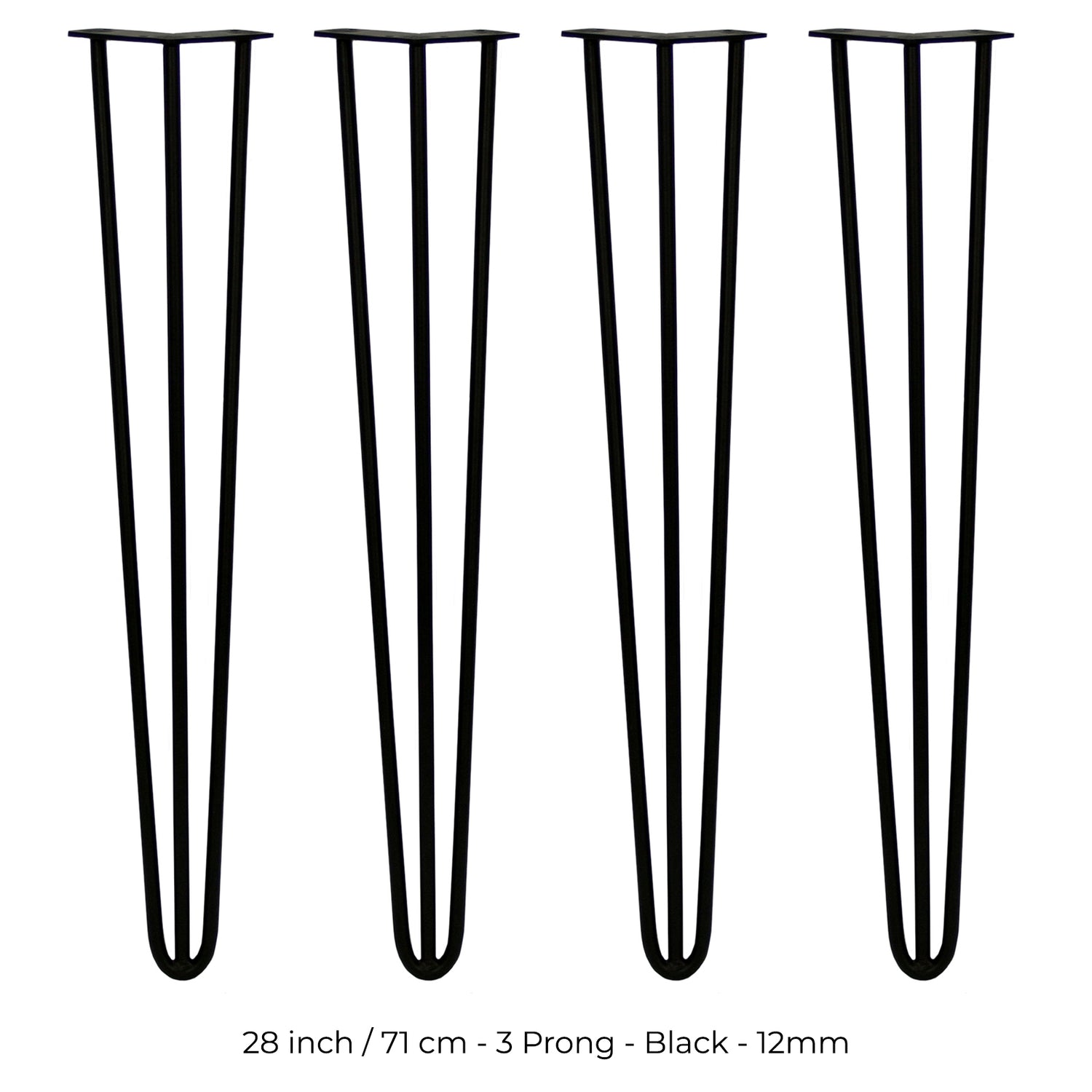 4 x 71 cm Hårnålsben - 3 Stänger - 12 mm - Svart