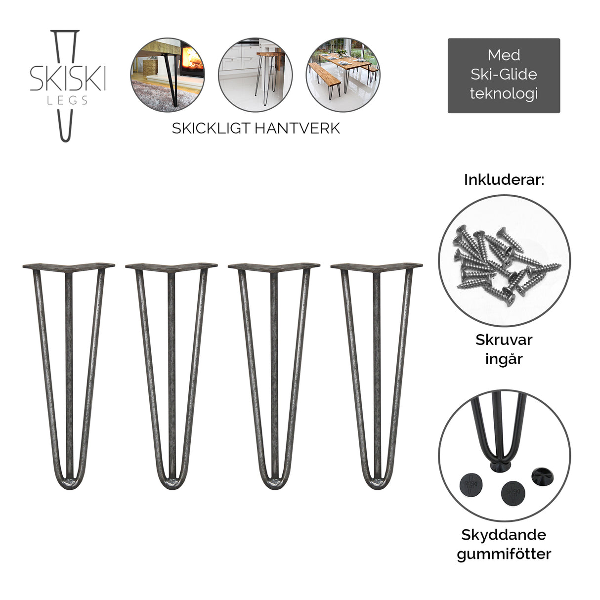 Svarta stålben med en elegant V-form, 35 cm långa, perfekta för att skapa moderna möbler, inkluderar skruvar och gummifötter