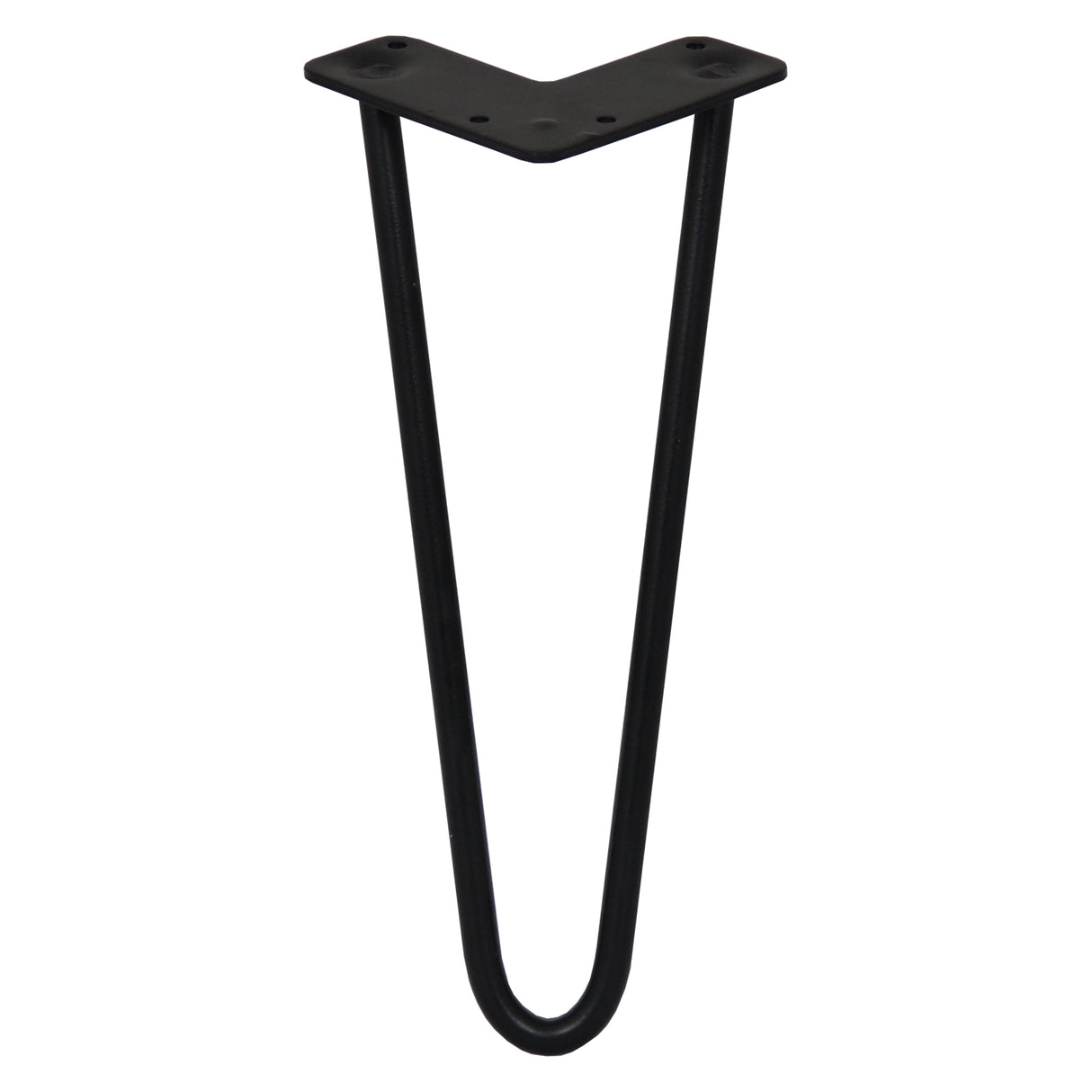 Svart hårnålsben i metall, 30 cm höga, med en V-formad design och fyra monteringshål för stabil installation