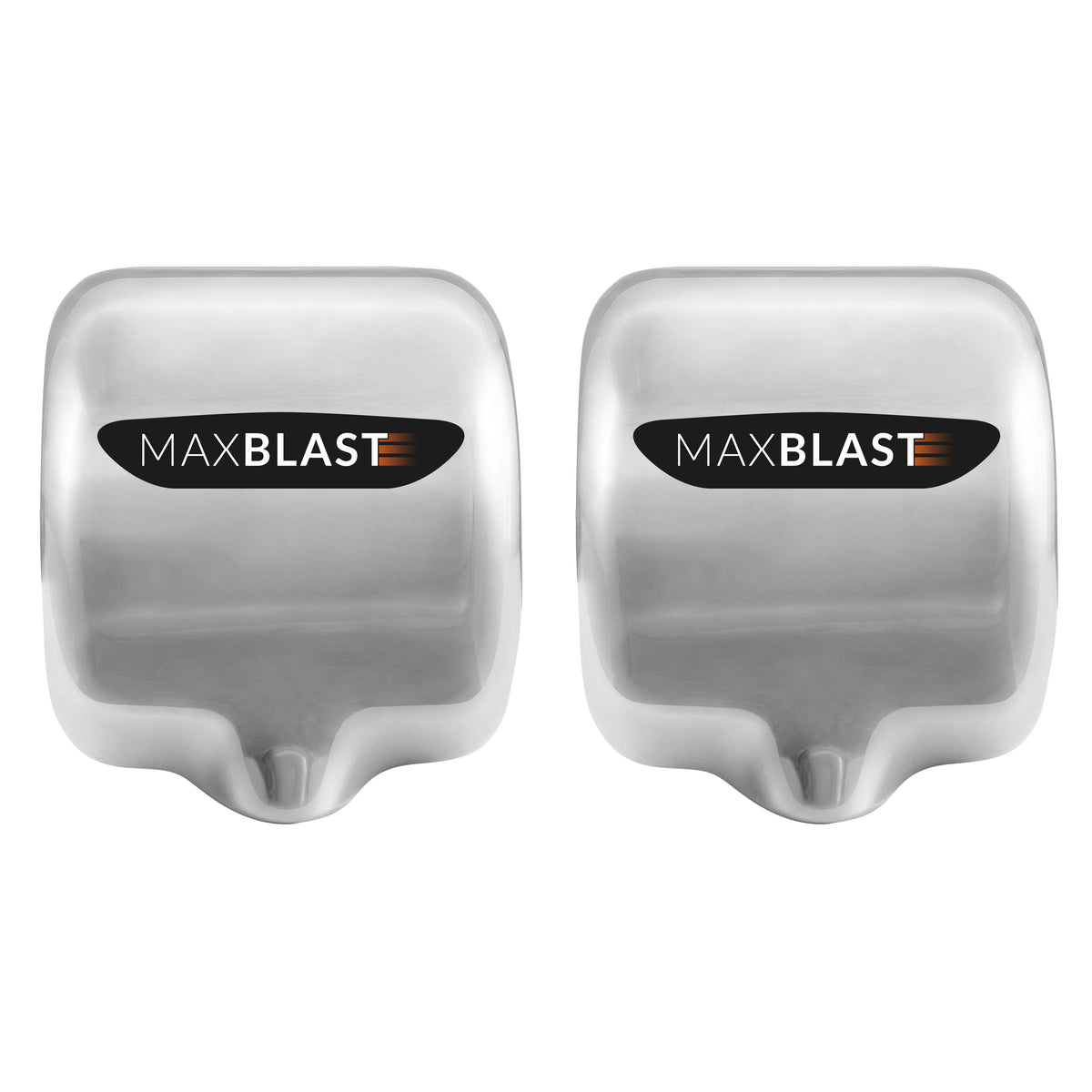 Två moderna handtorkar i rostfritt stål med en slät yta och svart logotyp, designade för effektiv och snabb torkning