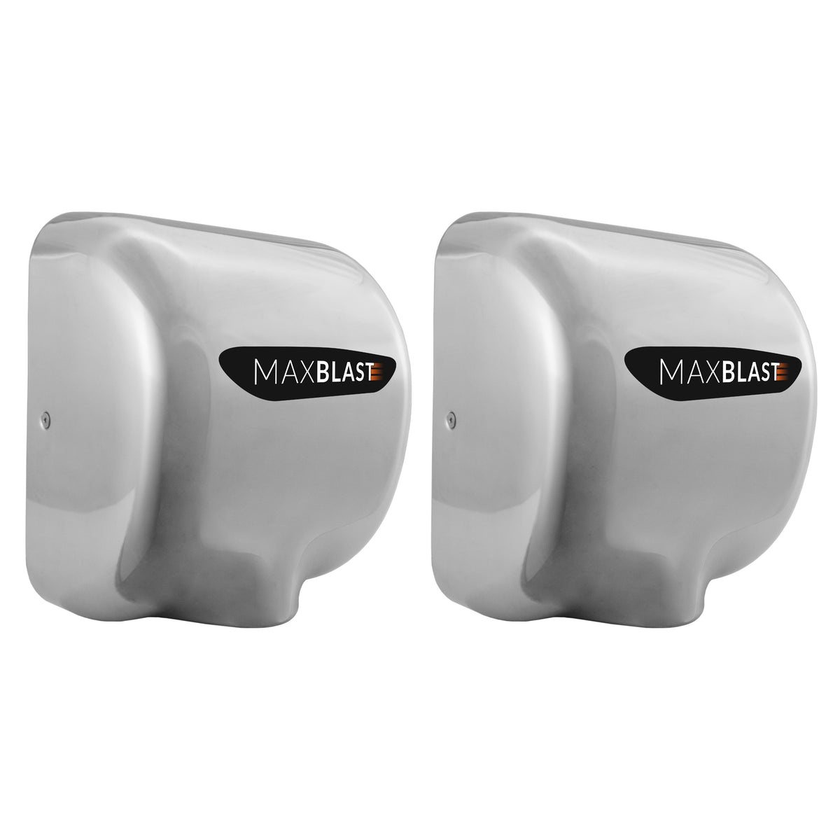 Två moderna, glänsande handtorkar i rostfritt stål med svart och orange MaxBlast-logotyp, designade för effektiv torkning