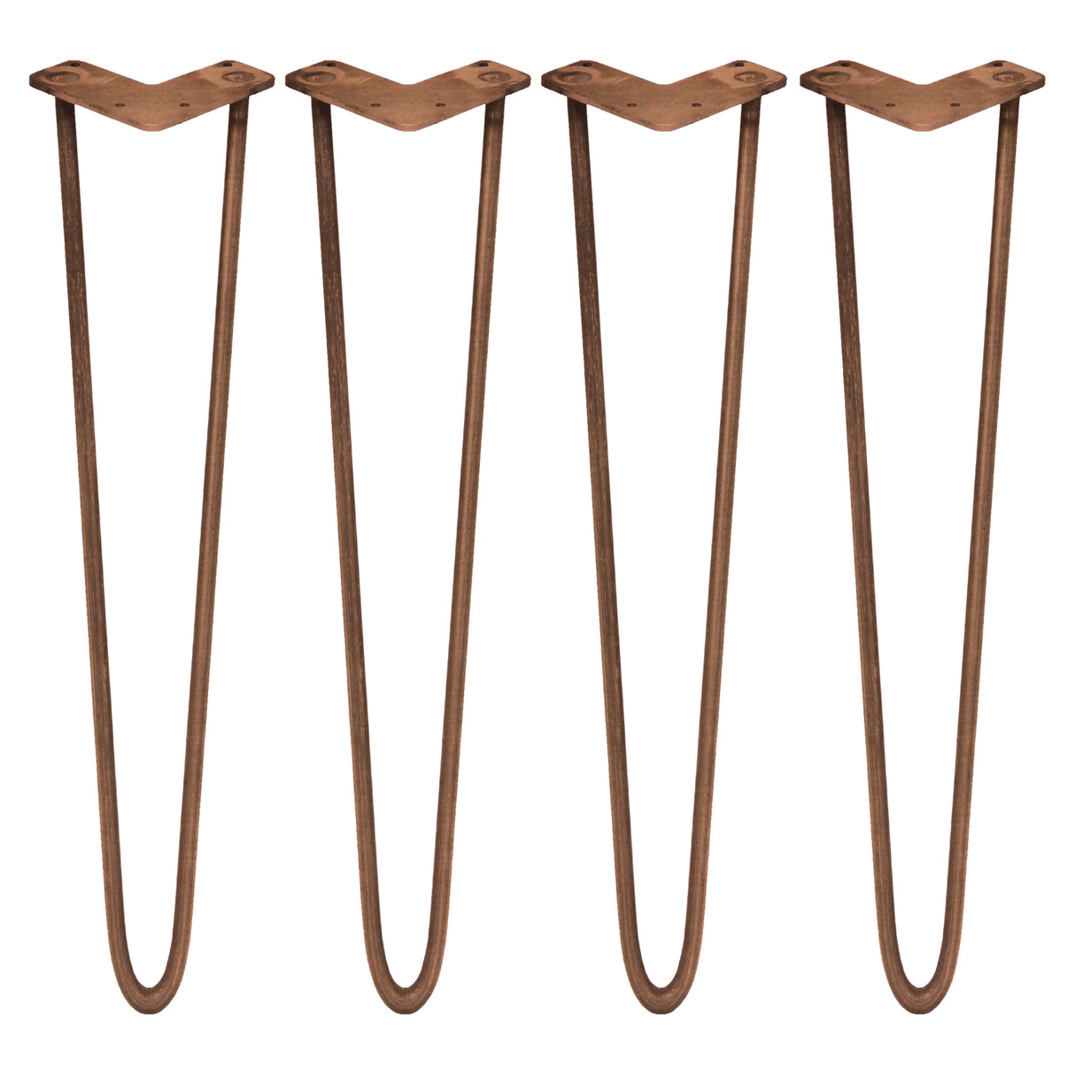 Kopparfärgade hårnålsben i metall, 71 cm långa, med en elegant V-form och rundade kanter, perfekta för möbelbygge