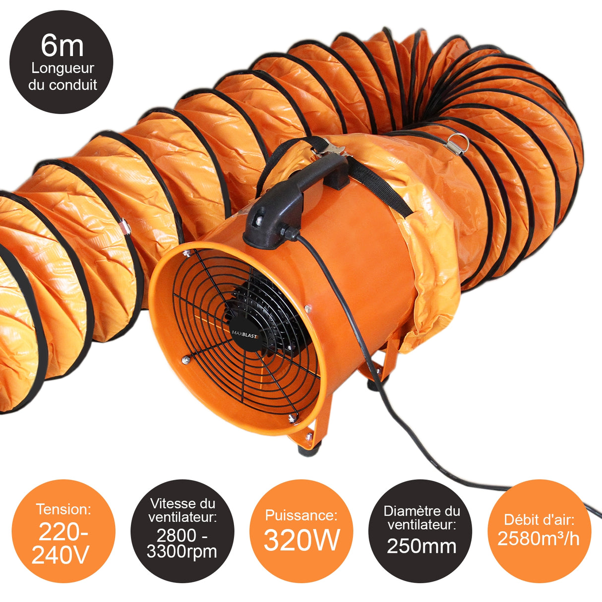 MaxBlast Industriell Byggfläkt Verkstadsfläkt 250mm 320W - 6m Fläktslang