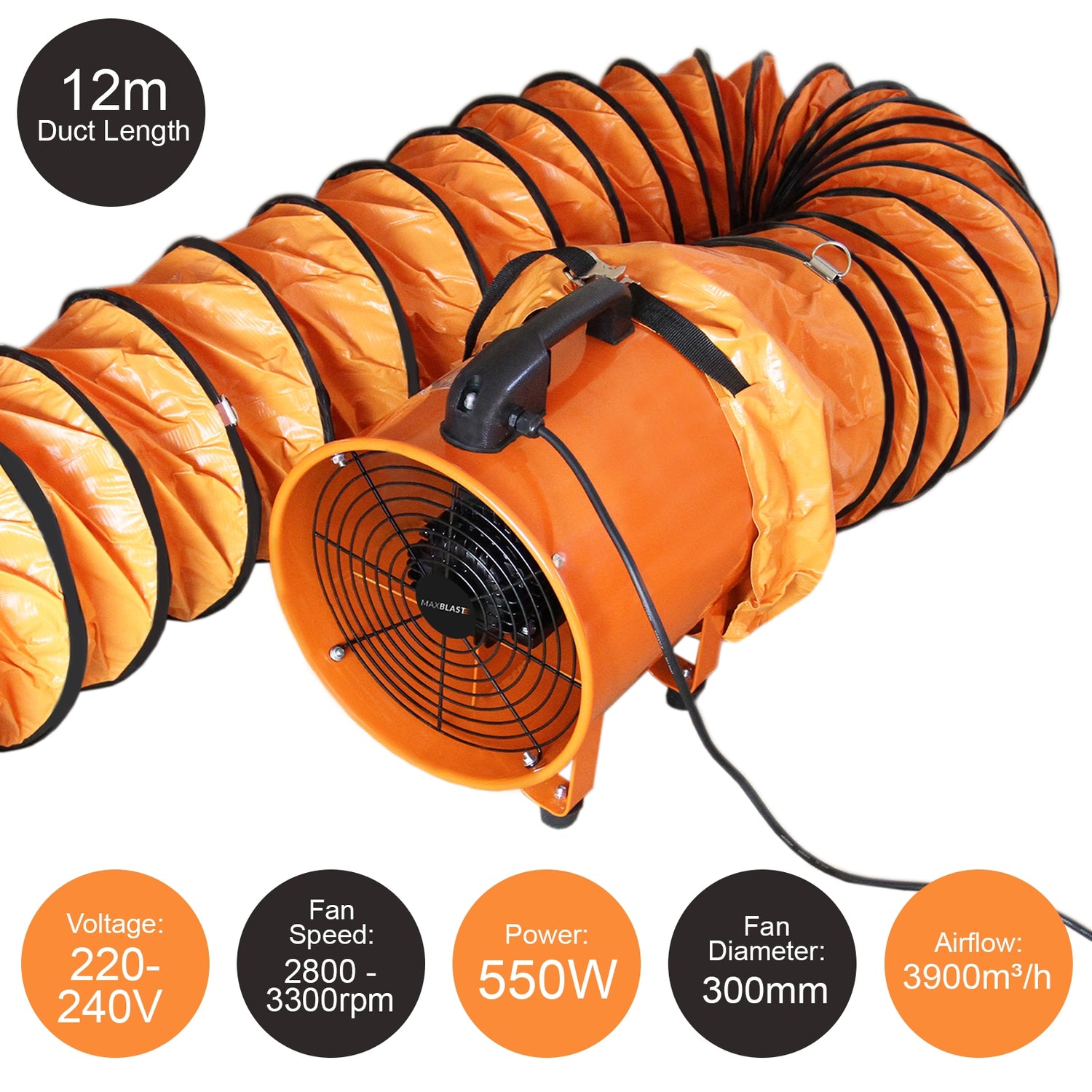 MAXBLAST Byggfläkt 300mm 550W med 12m Fläktslang
