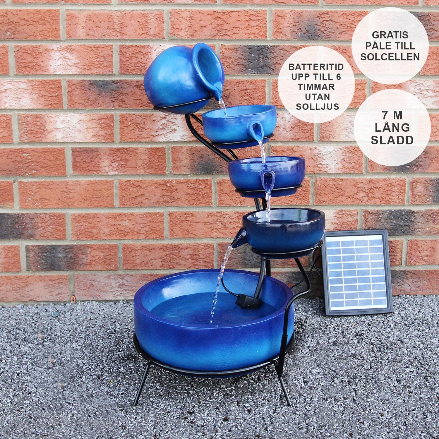 Fontän Rinnande Skålar med Solcell - Blå