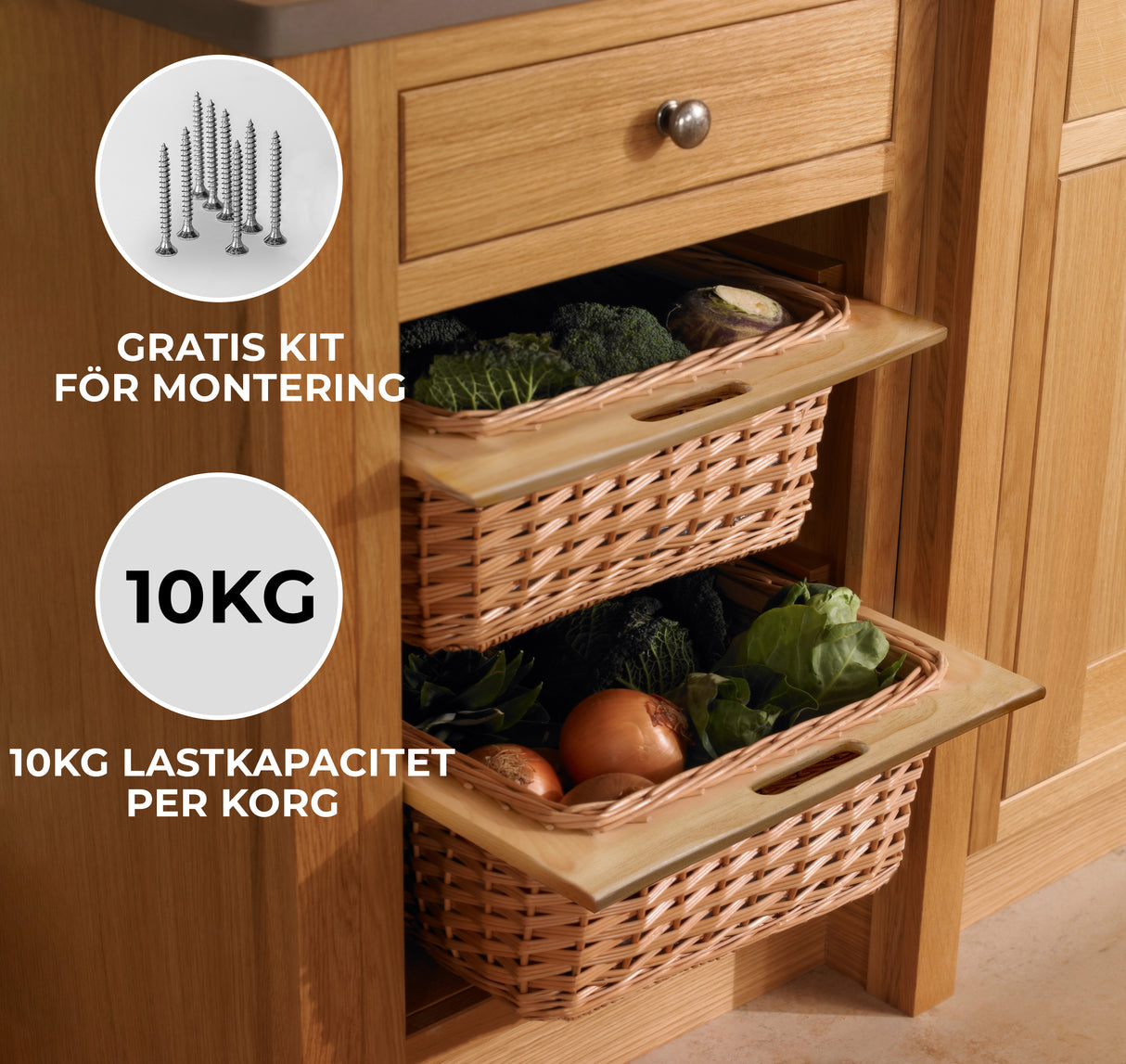 Utdragbar flätad korg för köksförvaring + 500mm skenor i furu trä
