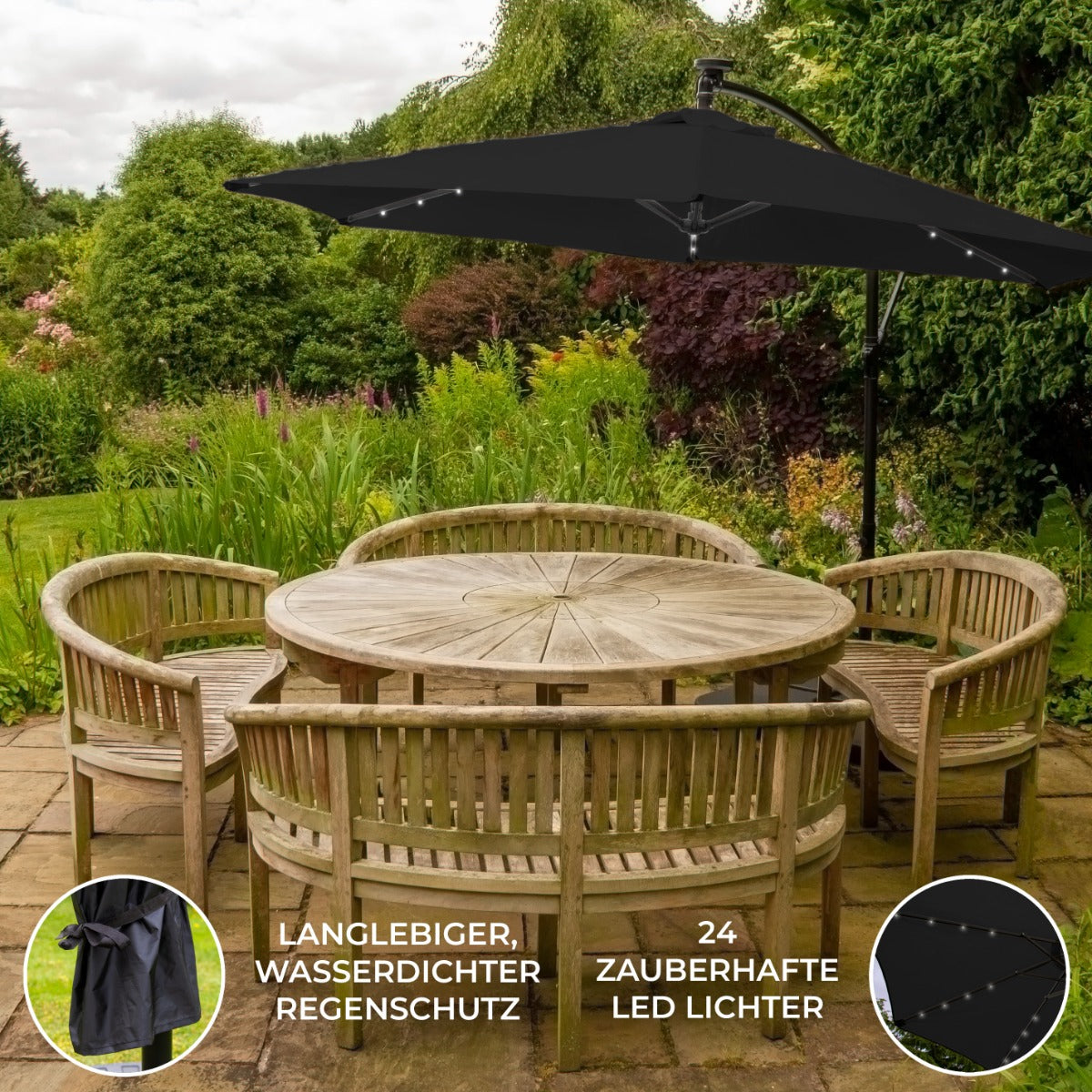 Svart 3m LED Cantilever Parasoll