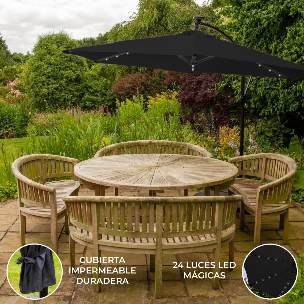 Svart 3m LED Cantilever Parasoll