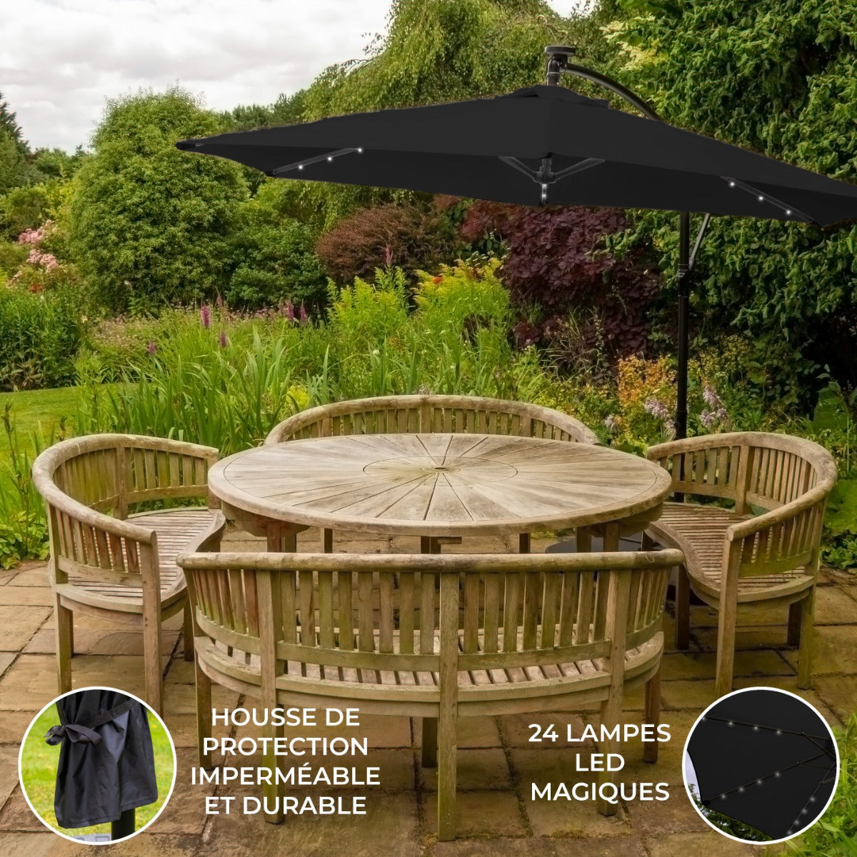 Svart 3m LED Cantilever Parasoll