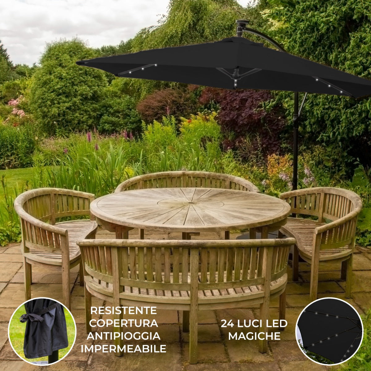 Svart 3m LED Cantilever Parasoll